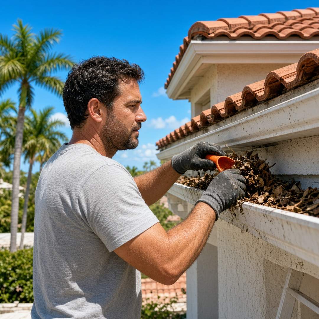 Worker mid-task clearing a gutter on a single-story Palm Beach Gardens home with palms and blue sky behind