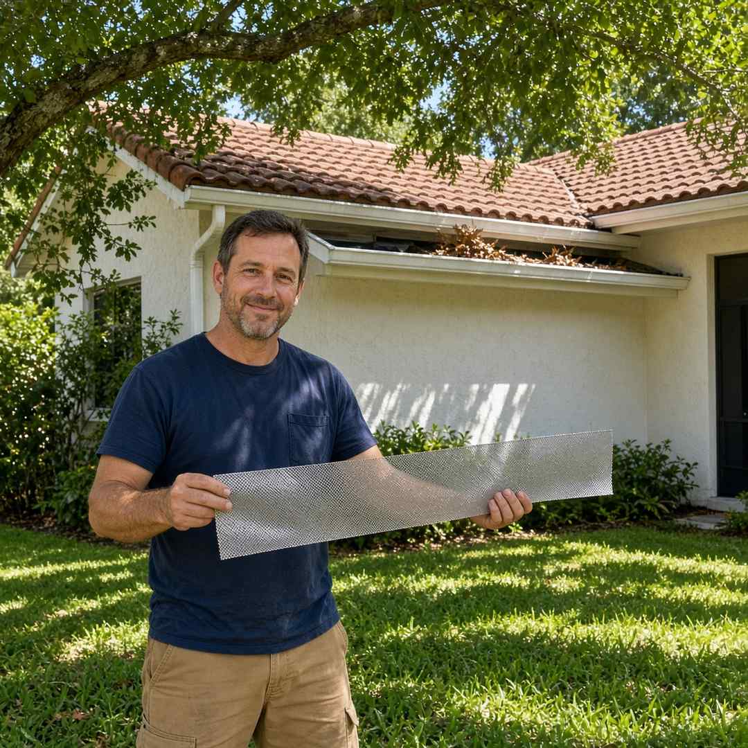 Installer holding a micro-mesh gutter guard section beside an open gutter under oak canopy at a Florida home