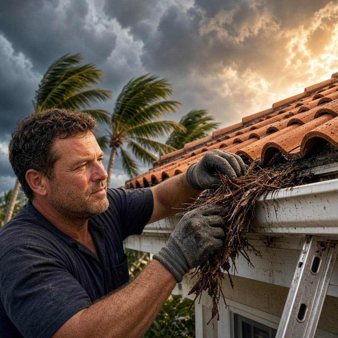 Worker clearing a gutter under a dramatic pre-storm South Florida sky with palms bending in the wind at a tile-roof home