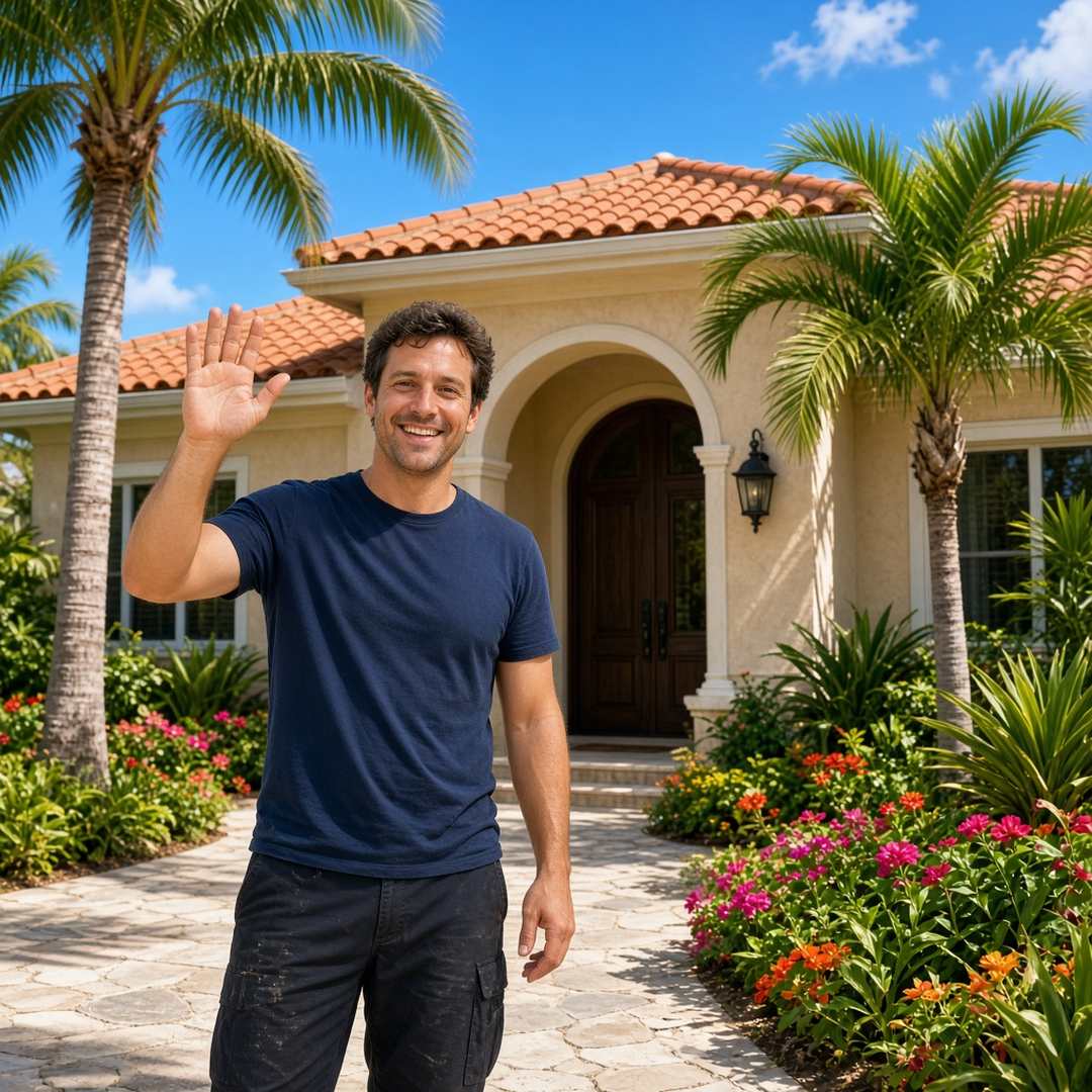 Worker waving toward the camera in front of a beige tile-roof Palm Beach Gardens house with palms