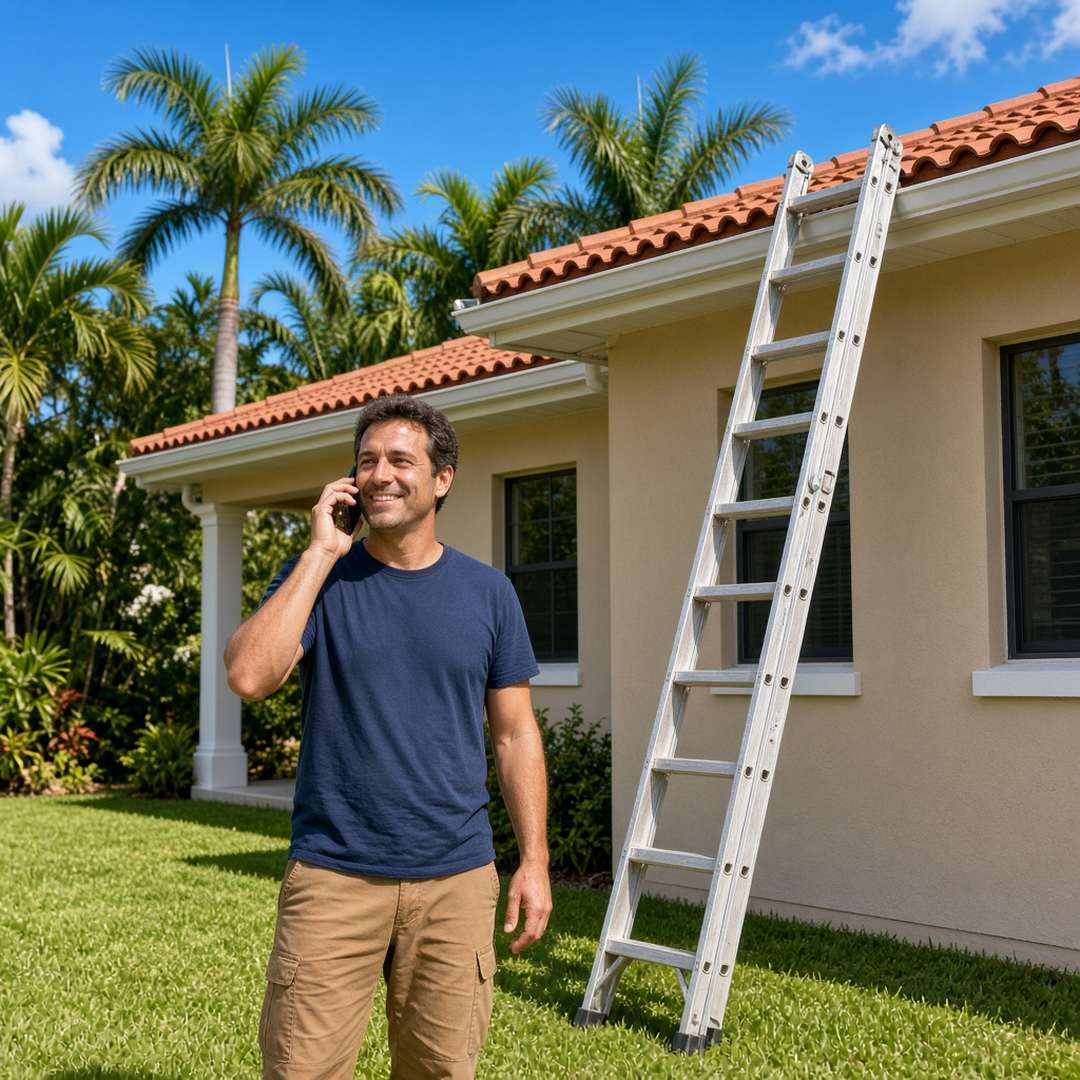 Worker holding a phone to his ear beside a ladder at a Florida home, friendly expression, in Palm Beach Gardens, FL