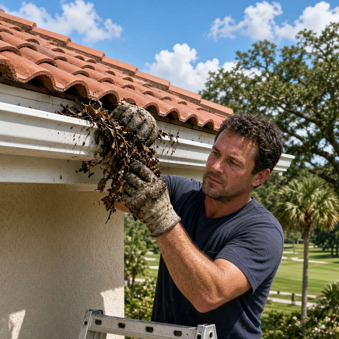 Worker on a ladder at the eave of a two-story golf-community home under mature oak and palm canopy in Palm Beach Gardens, FL
