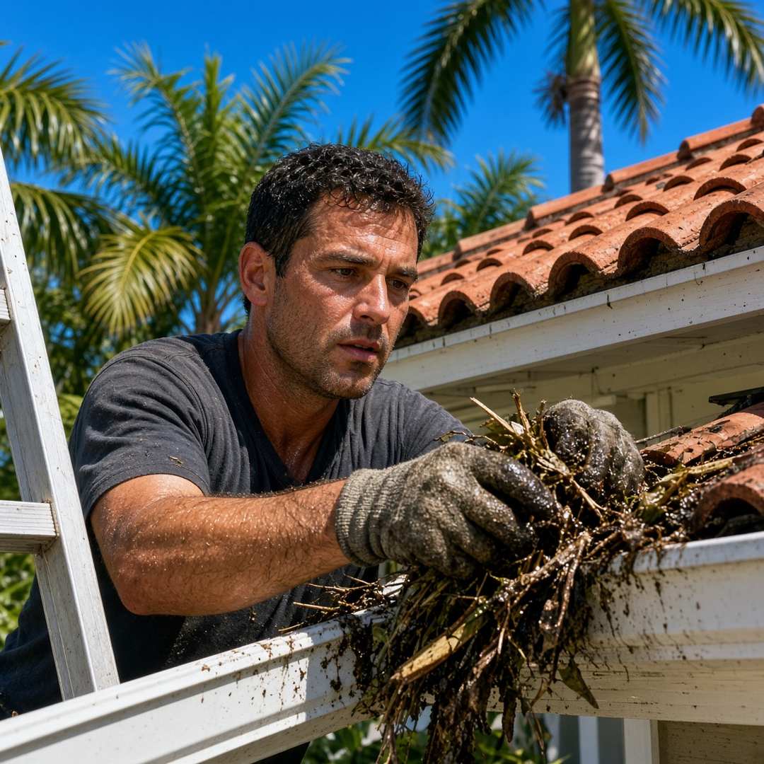 Gutter cleaning worker on a ladder scooping palm debris from the gutter of a barrel-tile-roof home in Palm Beach Gardens, FL