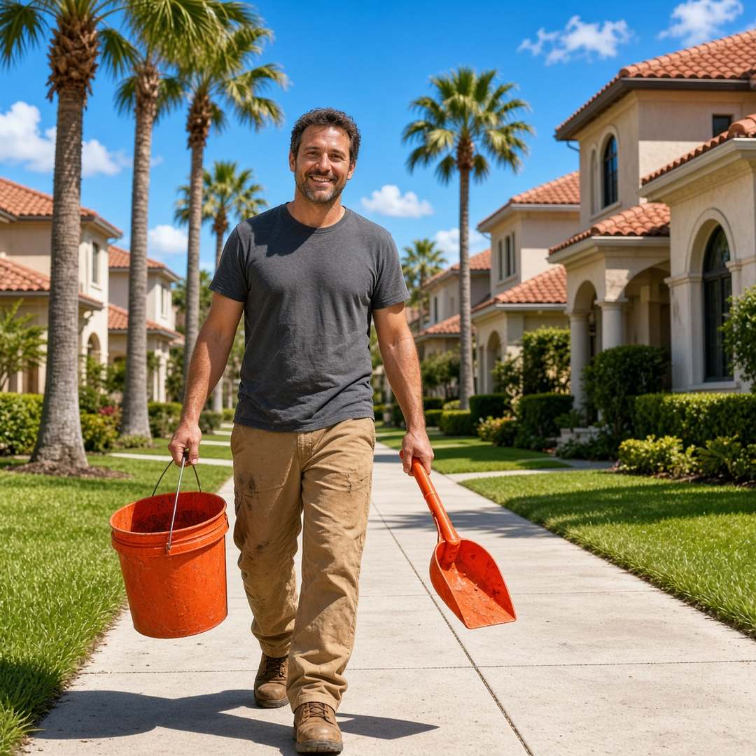 Worker carrying a ladder past a row of Mediterranean-style Palm Beach Gardens homes with tile roofs and palms