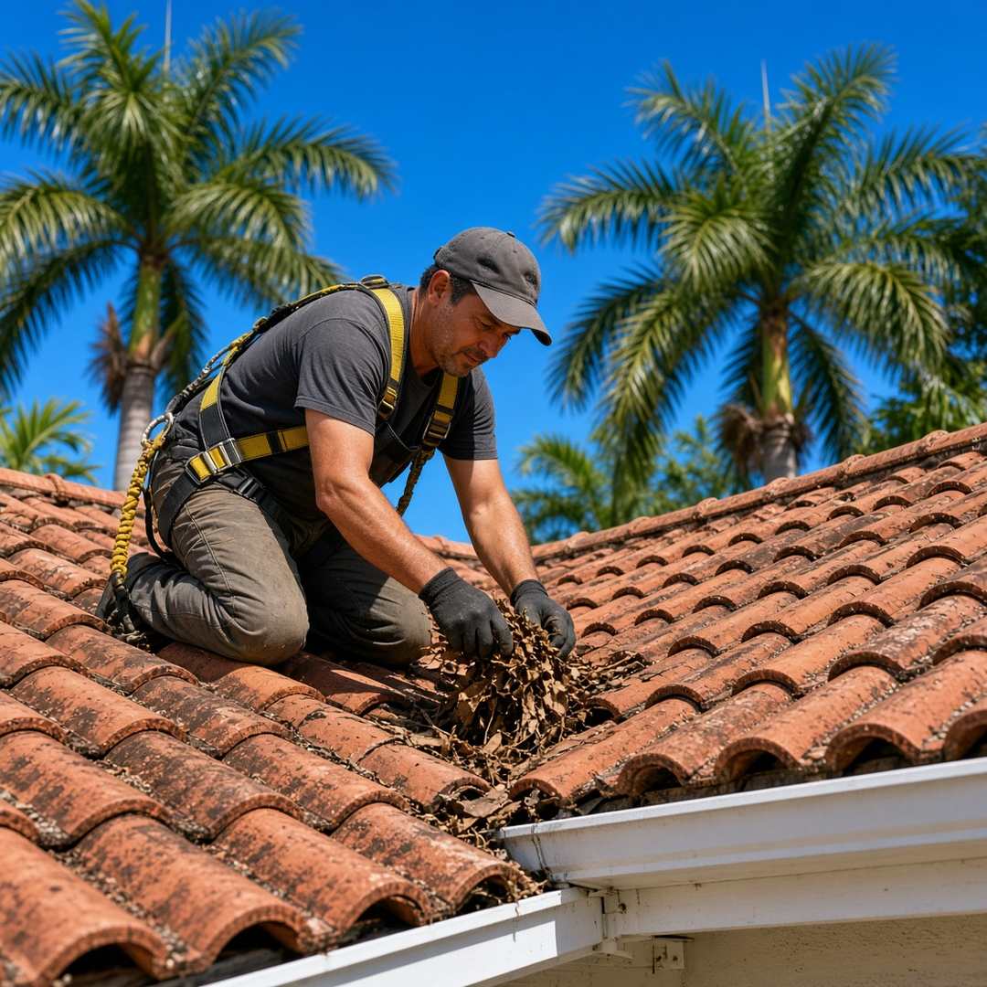 Worker clearing debris from a roof valley where it meets the gutter on a barrel-tile roof in Palm Beach Gardens, FL