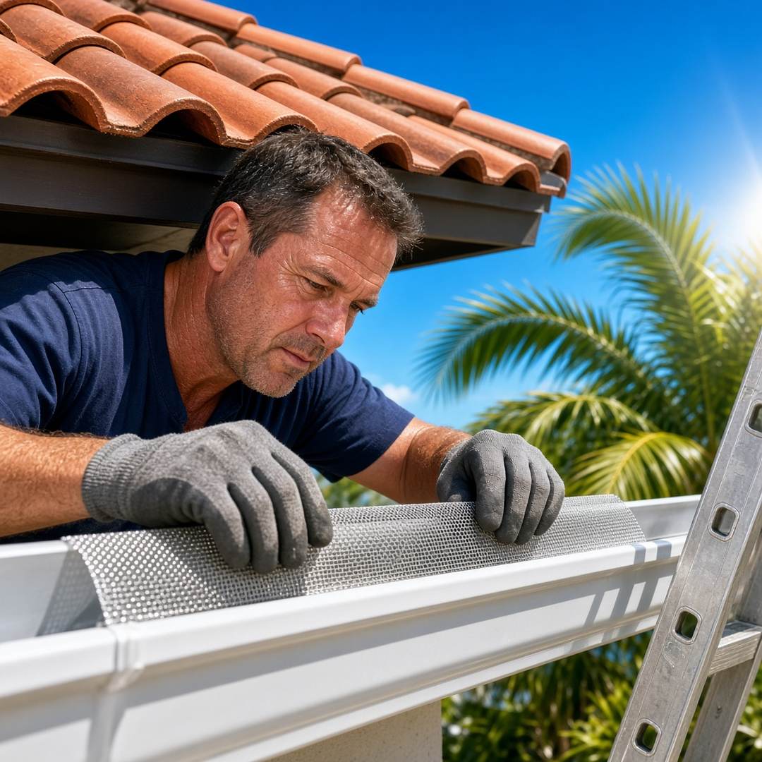 Installer fitting a section of micro-mesh gutter guard onto a trough on a Palm Beach Gardens home